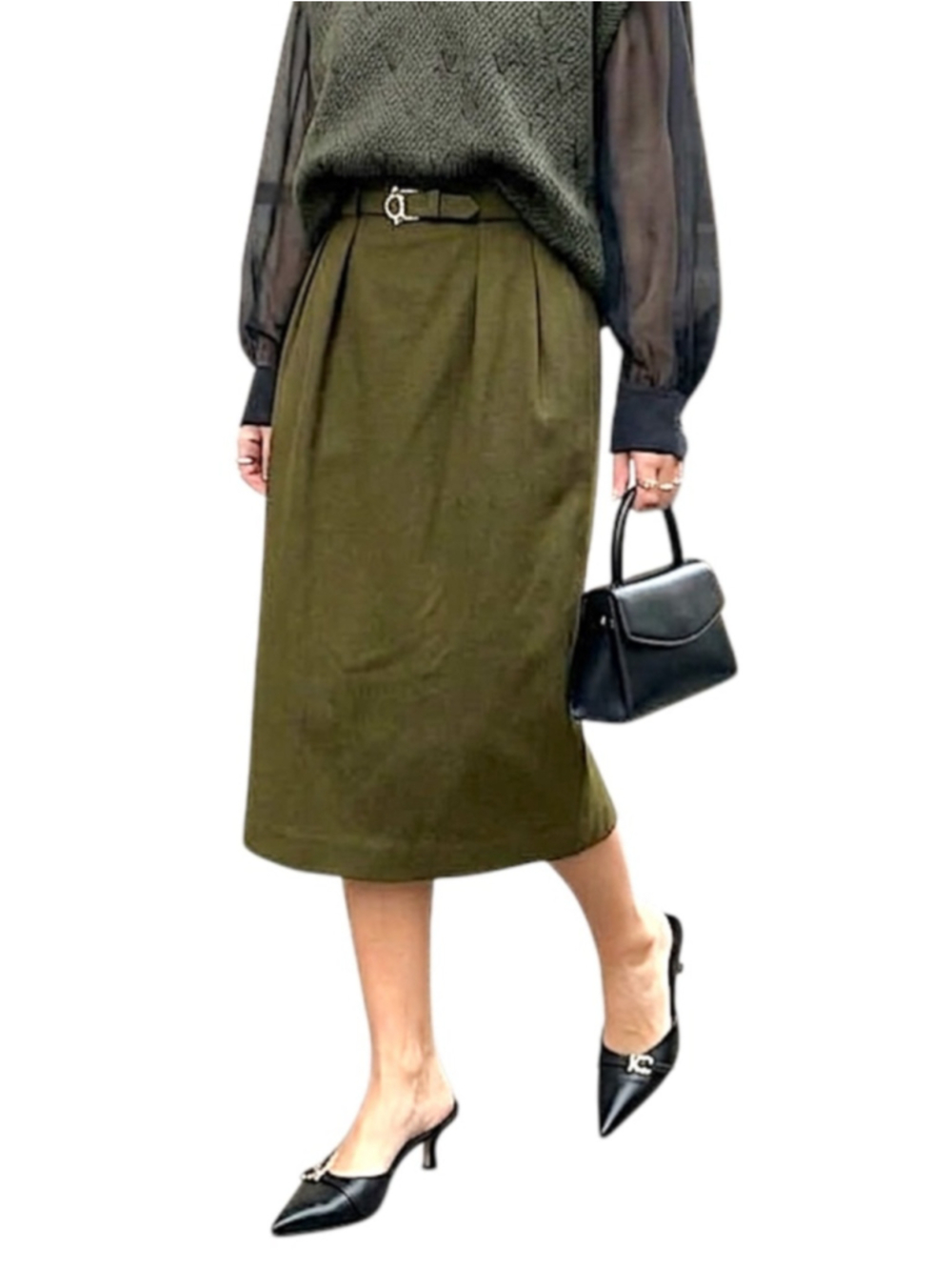 VTG 80s 90s pure wool green belted pleated straight old money midi skirt 10